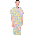 Patient gown half sleeve printed back open, Light Multicolor Geometric Print with Black Piping, Sizes XS-9X (100% Polyester Fabric)