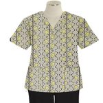 Printed scrub set 4 pocket ladies half sleeve Yellow petal and Grey print (2 pocket top and 2 pocket black pant)