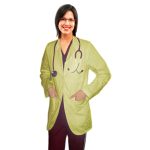 Consultation lab coat ladies full sleeve with back tieable style plastic buttons 3 front pockets in(48 perc cotton 52 perc polyester) poplin fabric