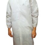 Disposable lab coat unisex full sleeve with elastic closer without pocket and front plastic snap buttons