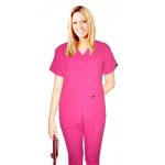 Microfiber scrub set 5 pocket solid ladies front open collar with snap buttons half sleeve (2 pkt top with pencil pocket , 2pkt bootcut pant)