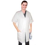 Poplin labcoat ladies Half sleeve with plastic buttons 3 pockets solid pleated (48 perc cotton 52 perc polyester) in 36 38 40 42 lengths