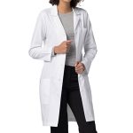 Poplin labcoat ladies full sleeve with plastic buttons 3 pockets solid pleated (48 perc cotton 52 perc polyester) in 36 38 40 42 lengths
