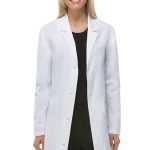 Poplin labcoat ladies full sleeve with plastic buttons without pocket solid pleated (48 perc cotton 52 perc polyester) in 36 38 40 42 lengths