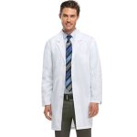 Poplin labcoat unisex full sleeve with plastic buttons no pocket solid (48 perc cotton 52 perc polyester) fabric weight 4.7 oz in 36 38 40 42 inch lengths 37 colors sizes xxs-12x