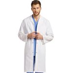 Poplin labcoat unisex full sleeve with snap buttons without pocket solid pleated (48 perc cotton 52 perc polyester) in 36 38 40 42 lengths